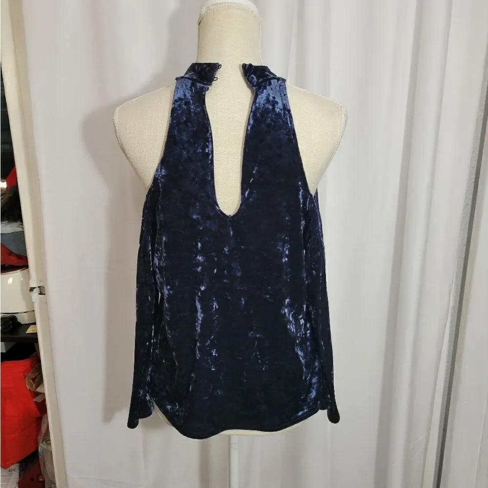 American Eagle Navy Blue Crushed Velvet Cold Shoulder Choker Wide Sleeve Top S - Picture 5 of 12